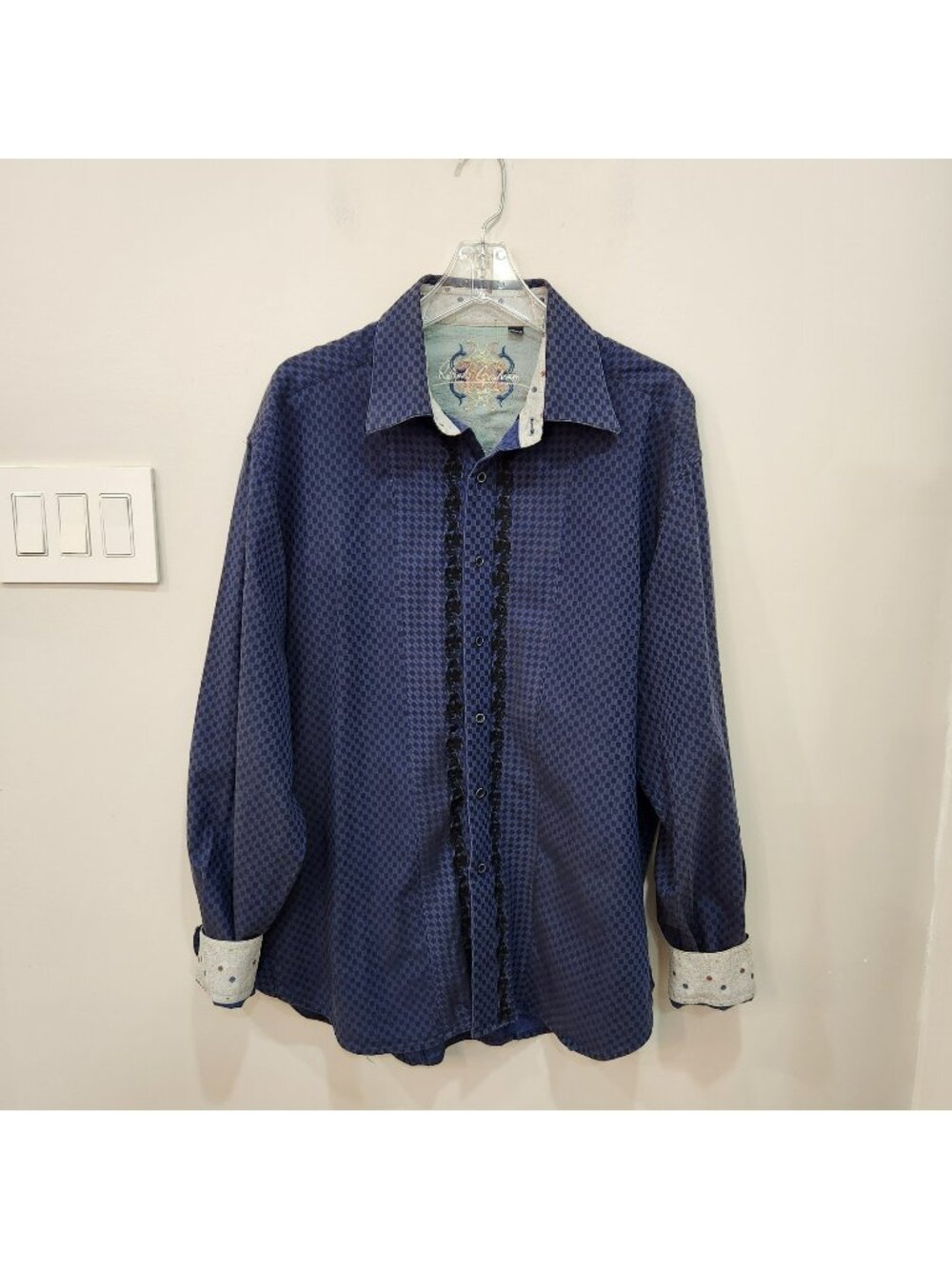 Vintage Robert Graham Embroidered Shirt Blue Geometric Mens 2XL Flip Cuffs